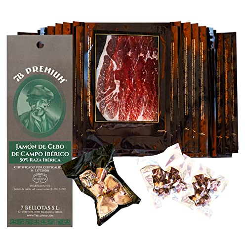 7B PREMIUM 50% Iberische Rasse Schinken | Spanischer Schinken IBERICO Feldköderschinken | Jamon PATA NEGRA Guijuelo 36 Monate (In scheiben geschnitten 30X100G) von 7 BELLOTAS