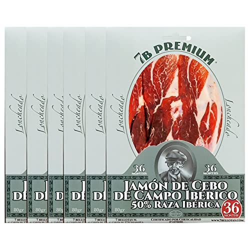 7B PREMIUM Schinken 50% Iberische Rasse PATA NEGRA | Spanischer Schinken IBERICO Feldköderschinken | Jamon PATA NEGRA Guijuelo 36 Monate (In scheiben geschnitten 6X80G) von 7 BELLOTAS