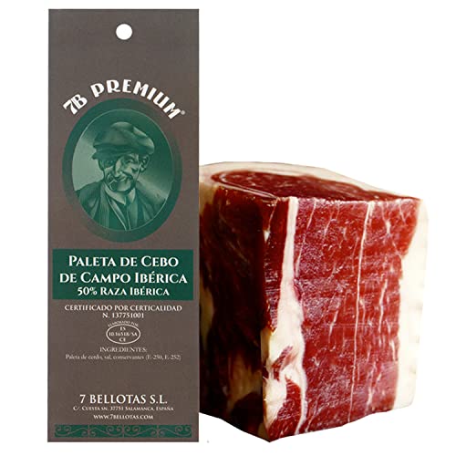 7B PREMIUM - Iberischer Schulter-Schinken | Iberischer Vorderschinken 50% IBERICO rasse | Spanischer PATA NEGRA Guijuelo 20 Monate (Ohne Knochen +1,0KG) von 7 BELLOTAS