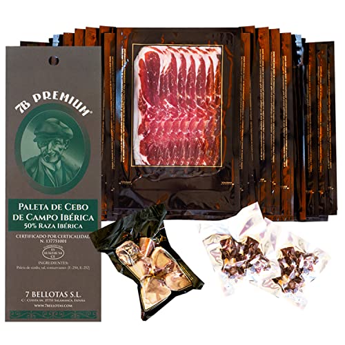 7B PREMIUM - Iberischer Schulter-Schinken | Iberischer Vorderschinken 50% IBERICO rasse | Spanischer PATA NEGRA Guijuelo 20 Monate (Geschnitten 20X100G) von 7 BELLOTAS