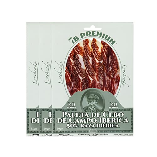 7B PREMIUM - Iberischer Schulter-Schinken | Iberischer Vorderschinken 50% IBERICO rasse | Spanischer PATA NEGRA Guijuelo 20 Monate (Geschnitten 3X80G) von 7 BELLOTAS