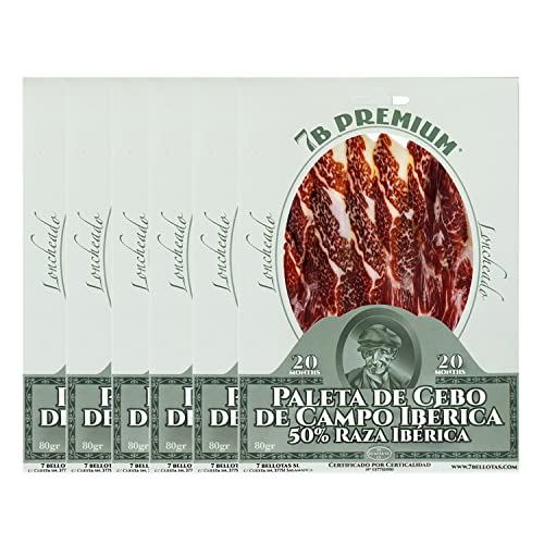 7B PREMIUM - Iberischer Schulter-Schinken | Iberischer Vorderschinken 50% IBERICO rasse | Spanischer PATA NEGRA Guijuelo 20 Monate (Geschnitten 6X80G) von 7 BELLOTAS