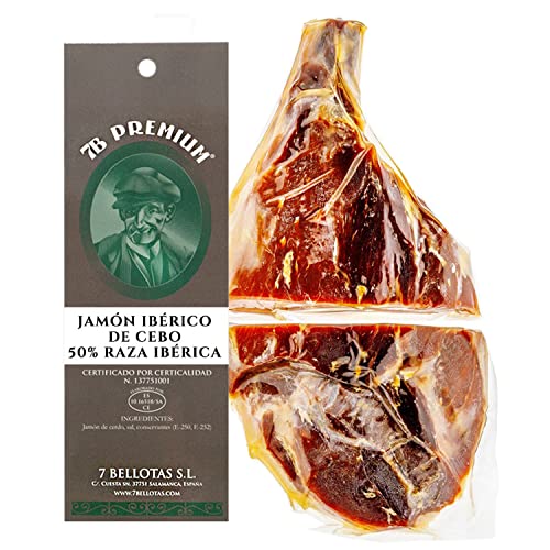 7B PREMIUM Jamon De Cebo 50% Raza Iberico Schinken | Hergestellt aus Korn gefütterten Iberischen Schweinen | Trocken gereifter spanischer Jamon Iberico Bellota | 36 Monate (Ohne Knochen + 1,0 Kg.) von 7 BELLOTAS