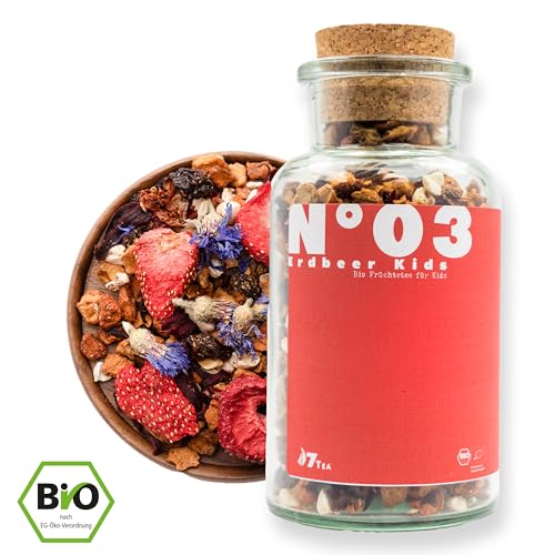 7Tea® Bio Kinder-Tee Erdbeer Kokos (100g im Apothekerglas), handabgefüllt, koffeinfrei, ideal für Kinder (Apothekerglas (100 g)) von 7Tea