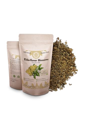 Premium Holunderblüten 100g – 100% rein, roh, wild, nicht gentechnisch verändert, vegan – Unterstützt die Immun-Gesundheit, natürlicher Antioxidant und beruhigender Kräutertee – Ideal für Tees, Sirupe von 7UN