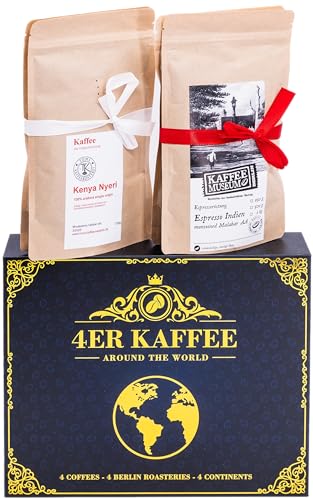 Kaffee Geschenk-Set von 4 Berliner Kaffeeröstereien | Around The World | 4 Single Origin Kaffees aus 4 Kontinenten | Geschenk zum Geburtstag | Geschenkidee für Männer & Frauen | Geburtstagsgeschenk von 9er Kaffee