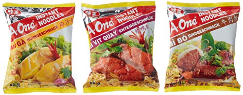 A-ONE Instantnudeln Mischkarton, 10 x Huhn, 10 x Ente, 10 x Rind, 30er Pack (30 x 85 g) von A-ONE