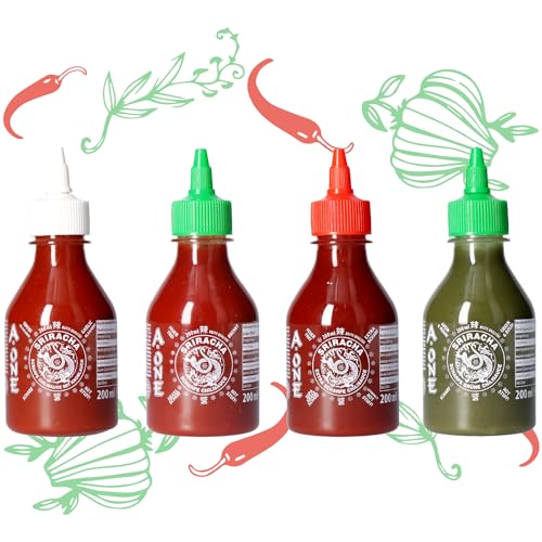 A-One Sriracha Sauce 4er Set x 200ml - Chilisauce mit 4 Geschmacksrichtungen - Klassik Scharf, Super Hot, Knoblauch, Grün - Probierpack Würzsaucen A-One Sriracha Sauce 4er Set x 200ml - Chilisauce mit 4 Geschmacksrichtungen - Klassik Scharf, Super Hot, Knoblauch, Grün - Probierpack Würzsaucen von A-ONE