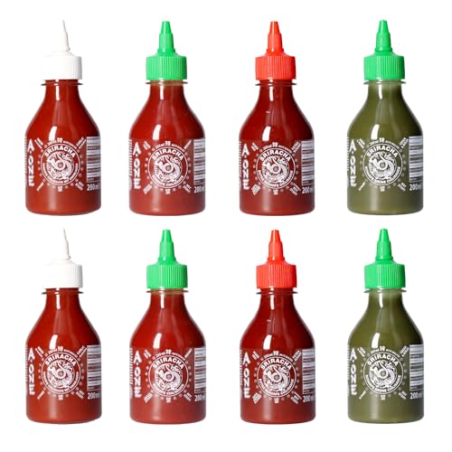 A-One Sriracha Sauce 8er Set x 200ml - Hot Chili Sauce mit 4 Scharfen (je 2 Flaschen) Klassik Scharf, Super Hot, Knoblauch, Grün - Vorteilspack Würzsaucen von A-ONE