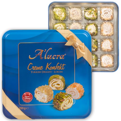 Alucra Creme Konfekt | Premium Turkish Delight Lokum | Handgemachte türkische Spezialitäten | Mit Pistazien, Haselnüssen, Mandeln | Geschenkverpackung mit Schleife | Exquisite Süßigkeiten (4x 250g) von A’lucra