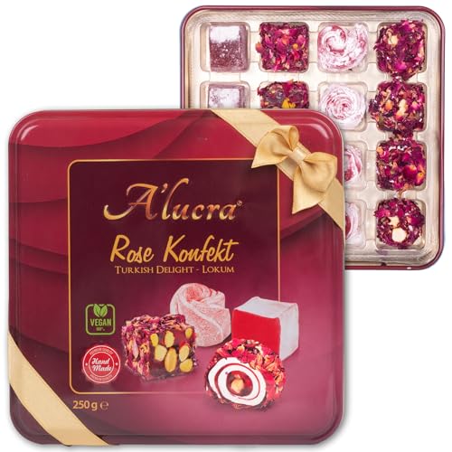 250 g Rose Konfekt- Turkish Delight/Lokum - hochwertige Geschenkverpackung mit einer Schleife - Hand Made mit den besten Zutaten & hohem Nuss Anteil - echten Rosenaroma & Rosenblätter - 100% Vegan von A’lucra