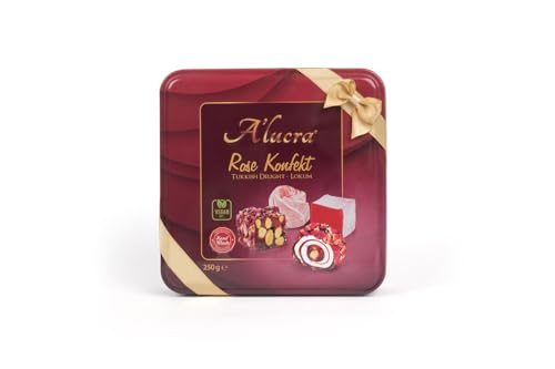 250 g Rose Konfekt- Turkish Delight/Lokum - hochwertige Geschenkverpackung mit einer Schleife - Hand Made mit den besten Zutaten & hohem Nuss Anteil - echten Rosenaroma & Rosenblätter - 100% Vegan von A’lucra