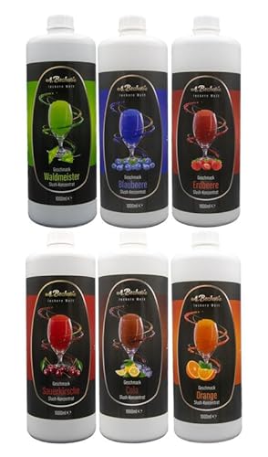 A. Becker´s Slush Eis Sirup | Ohne Azofarbstoffe | 6x 1L Kirsche, Cola, Blaubeere, Waldmeister, Erdbeere, Orange | 1L Slush Konzentrat ergibt 6L Eis | Getränkesirup für Slush Maschine und Mixer A. Becker´s Slush Eis Sirup | Ohne Azofarbstoffe | 6x 1L Kirsche, Cola, Blaubeere, Waldmeister, Erdbeere, Orange | 1L Slush Konzentrat ergibt 6L Eis | Getränkesirup für Slush Maschine und Mixer von A. Becker's