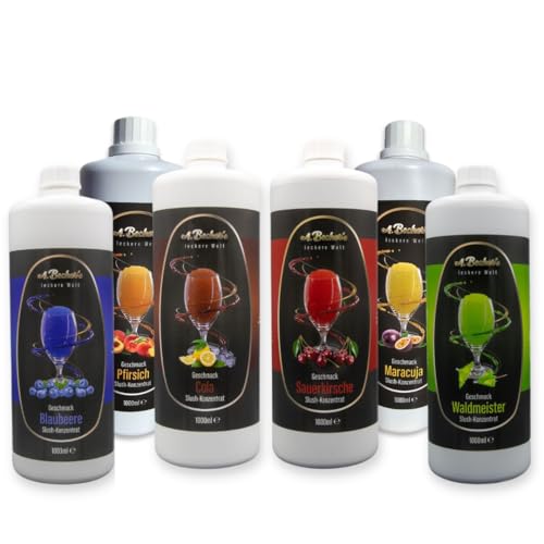 A. Becker´s Slush Eis Sirup | Ohne Azofarbstoffe | 6x 1L Kirsche, Cola, Blaubeere, Waldmeister, Pfirsich, Maracuja | 1L Slush Konzentrat ergibt 6L Eis | Getränkesirup für Slush Maschine und Mixer A. Becker´s Slush Eis Sirup | Ohne Azofarbstoffe | 6x 1L Kirsche, Cola, Blaubeere, Waldmeister, Pfirsich, Maracuja | 1L Slush Konzentrat ergibt 6L Eis | Getränkesirup für Slush Maschine und Mixer von A. Becker's