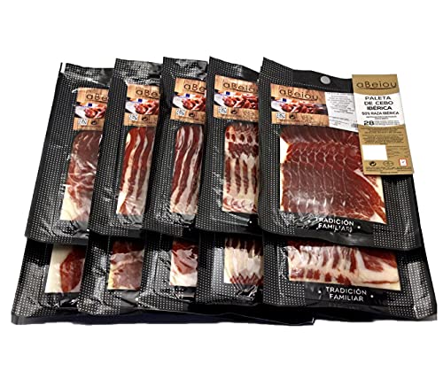 aBeiou 1000gr Iberico-Schinkenschulter GESCHNITTEN. Iberico-Schinken +28 Monate in Guijuelo (Salamanca) gereift. Hycer-Garantiezertifikat. Jamon iberico Patanegra. 10 Packungen à 100gr. von ABEIOU