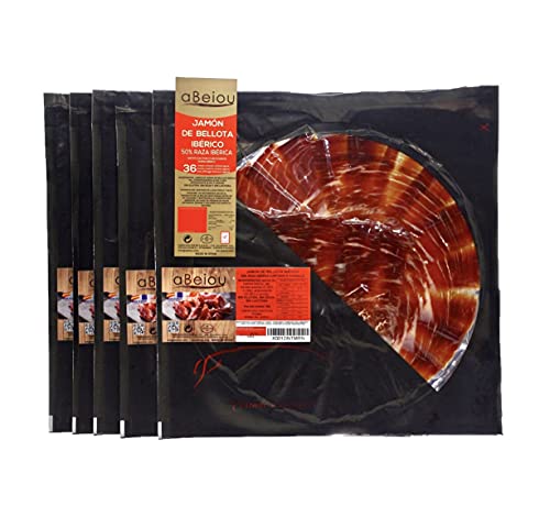 aBeiou 500gr Tablett mit HANDGESCHNITTENEN IBERISCHEN EICHELSCHINKEN Manuelles Schneiden. Selbstschließend +36 Monate Jamon Iberico Bellota Patanegra Hycer-Garantiezertifikat 5 Schalen à 100gr von ABEIOU