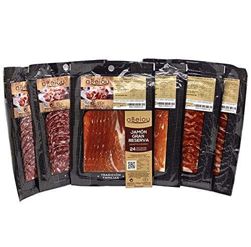 aBeiou SORTIERTE MENGE GESCHNITTENE Duroc und IBERICOS EICHEL 2x Duroc Serrano Schinken +25Monate 2x Iberischer Chorizo ​​aus Eichelmast 2x Salchichon aus iberischer Eichelmast. 600g 6 Packungen 100g von ABEIOU