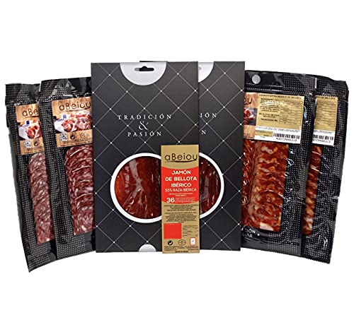 aBeiou SORTIERTE MENGE in Scheiben geschnittenen Ibericos aus Eichelmast 2 Iberico-Schinken aus Eichelmast 2 Iberico-Chorizo ​​aus Eichelmast 2 Iberico-Salchichon aus Eichelmast 600g 6x100g von ABEIOU