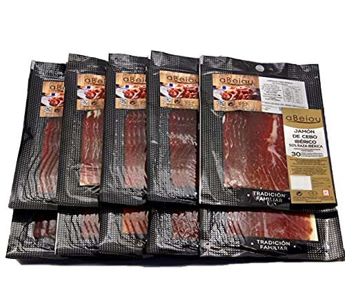 aBeiou. 1000gr Iberischer Köderschinken in Scheiben geschnitten Vakuum. Reifung +30 Monate in Guijuelo (Spanien). Hycer Garantiezertifikat. Jamon iberico cebo pata negra. 10 Packungen à 100gr. von ABEIOU