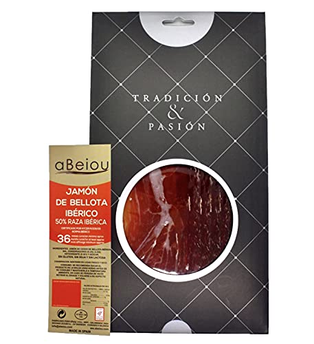 aBeiou. 100gr GESCHNITTENE EICHEL IBERISCHER SCHINKEN. Ausgehärtet +36 Monate in Guijuelo (Salamanca). Hycer-Garantiezertifikat. Jamon iberico bellota. Patanegra. 100gr Karton von ABEIOU