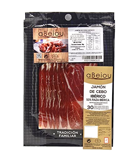 aBeiou. 100gr Iberischer Köderschinken in Scheiben geschnitten Vakuum. Reifung +30 Monate in Guijuelo Spanien Hycer Garantiezertifikat. Jamon iberico cebo Iberischer Schinken pata negra 100gr. von ABEIOU