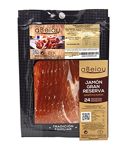 aBeiou. 100gr Serrano SCHNITTSCHINKEN GRAN RESERVA DUROC PREMIUM. Reifung von mehr als 24-25 Monaten (vakuumverpackter Schinken), hergestellt in Guijuelo - Spanien. 1 Packung 100gr von ABEIOU