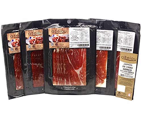 aBeiou. 500gr Iberischer Köderschinken in Scheiben geschnitten Vakuum. Reifung +30 Monate in Guijuelo (Spanien). Hycer Garantiezertifikat. Jamon iberico cebo Iberischer Schinken pata negra. 5x100gr. von ABEIOU