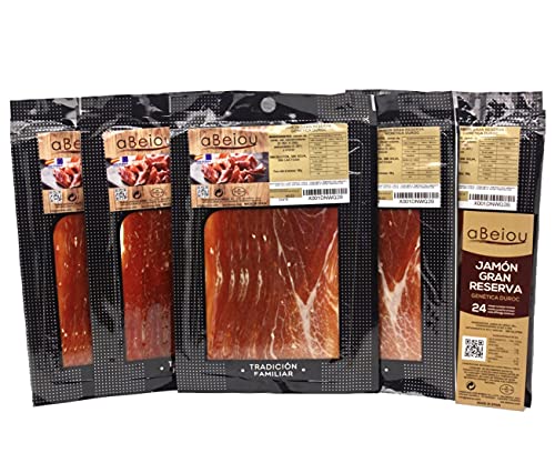 aBeiou. 500gr Serrano SCHNITTSCHINKEN GRAN RESERVA DUROC PREMIUM. Reifung von mehr als 24-25 Monaten (vakuumverpackter Schinken), hergestellt in Guijuelo - Spanien. 5 Packungen à 100gr. von ABEIOU