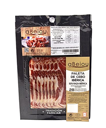 aBeiou. Iberico-Schinkenschulter GESCHNITTEN. Iberico-Schinken +28 Monate in Guijuelo (Salamanca) gereift. Hycer-Garantiezertifikat. Jamon iberico Patanegra. 1 Packung 100gr. von ABEIOU