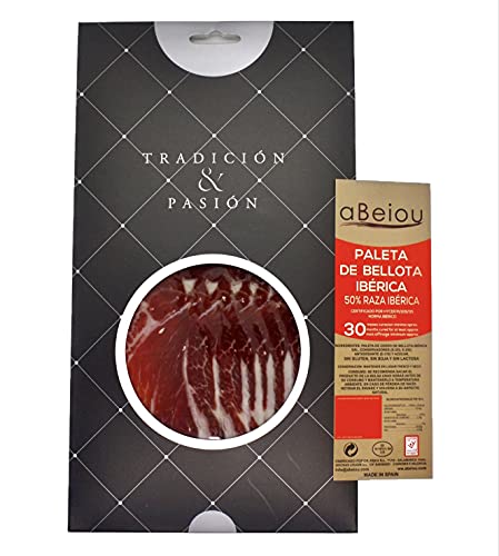 aBeiou. Schulter GESCHNITTENE EICHEL IBERISCHER SCHINKEN. Ausgehärtet +30 Monate in Guijuelo Spanien. Hycer-Garantiezertifikat. Jamon Iberico Bellota Patanegra. 100gr Karton von ABEIOU