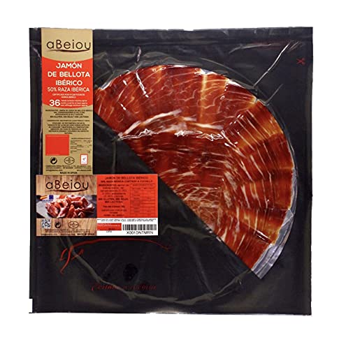 aBeiou. Tablett mit HANDGESCHNITTENEN IBERISCHEN EICHELSCHINKEN. Manuelles Schneiden, selbstschließende Platte. Ausgehärtet +36 Monate Jamon Iberico Bellota Patanegra. Hycer-Garantiezertifikat. 100gr von ABEIOU