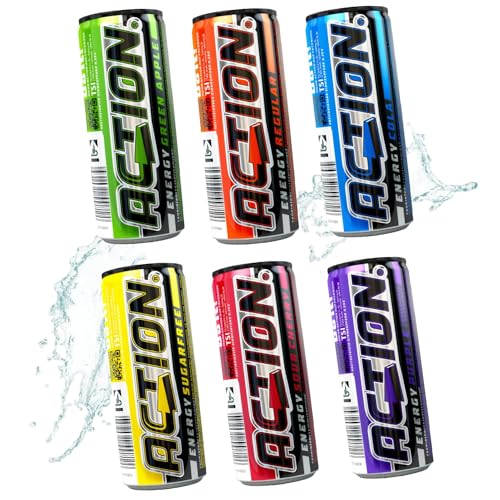 ACTION Energy Drink 6er Mix (48 x 250ml) inkl. Pfand - 6 Sorten zu je 8 Dosen - Regular, Cherry, Sugarfree, Green Apple, Purple, Cola - Energiekick mit erhöhtem Koffeingehalt von ACT!ON