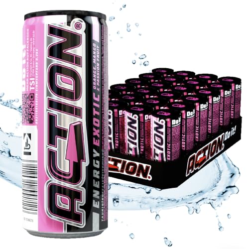 ACTION Energy Drink Exotic (48 x 250ml) inkl. Pfand - Erfrischungsgetränk mit Orange, Mango, Passionsfrucht Geschmack - Energiekick mit erhöhtem Koffeingehalt 32mg/100ml Koffein verbesserter Fokus von ACT!ON