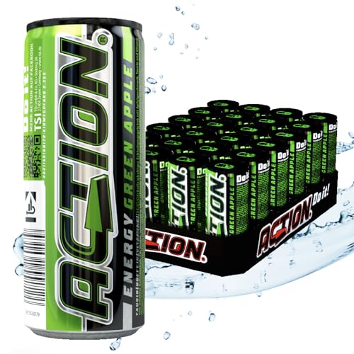 ACTION Energy Drink Green Apple (48 x 250ml) inkl. Pfand - Erfrischungsgetränk mit Grüner Apfel Geschmack - Energiekick mit erhöhtem Koffeingehalt 31,5mg/100ml Koffein verbesserter Fokus von ACT!ON