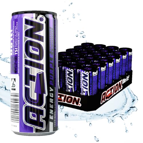 ACTION Energy Drink Purple (48 x 250ml) inkl. Pfand - Erfrischungsgetränk mit Granatapfel Heidelbeer Geschmack - Energiekick mit erhöhtem Koffeingehalt 32mg/100ml Koffein verbesserte Leistung von ACT!ON
