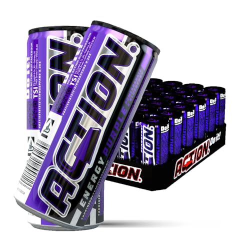 ACTION Energy Drink Purple (48 x 500ml) inkl. Pfand - Erfrischungsgetränk mit Granatapfel-Heidelbeere Geschmack - Energiekick mit erhöhtem Koffeingehalt - 48er Palette Dosen Getränke von ACT!ON