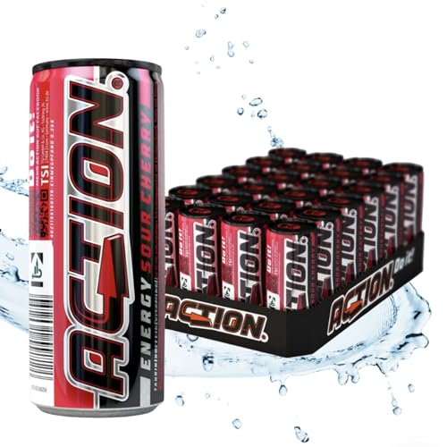 ACTION Energy Drink Sour Cherry (48 x 250ml) inkl. Pfand - Erfrischungsgetränk mit Sauerkirsch Geschmack - Energiekick mit erhöhtem Koffeingehalt 32mg/100ml Koffein verbesserte Leistung von ACT!ON