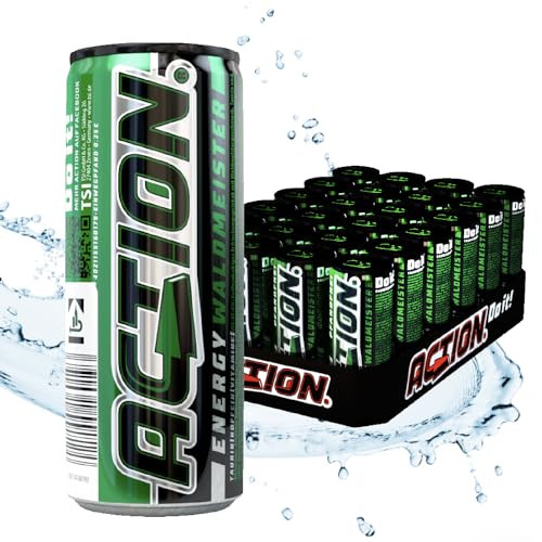 ACTION Energy Drink Waldmeister (48 x 250ml) inkl. Pfand - Erfrischungsgetränk mit Woodruff Geschmack - Energiekick mit erhöhtem Koffeingehalt 32mg/100ml Koffein Energydrink für verbesserter Fokus von ACT!ON