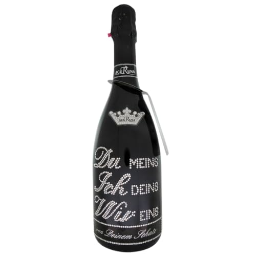 personalisierte Prosecco Flasche 0,75 l verziert mit Strass Steine - das perfekte Liebe Geburtstagsgeschenk Motiv: DU MEINS ICH DEINS WIR EINS von ACURUNA