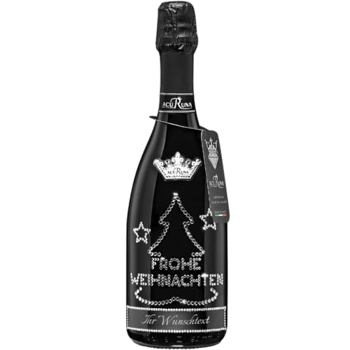personalisierte Prosecco Flasche 0,75 l verziert mit Strass Steine - das perfekte Weihnachten Motiv: FROHE WEIHNACHTEN BAUM von ACURUNA