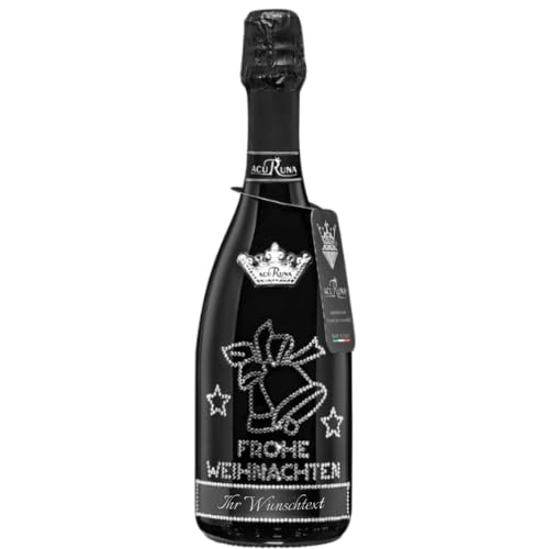 personalisierte Prosecco Flasche 0,75 l verziert mit Strass Steine - das perfekte Motiv: FROHE WEIHNACHTEN Glocken von ACURUNA