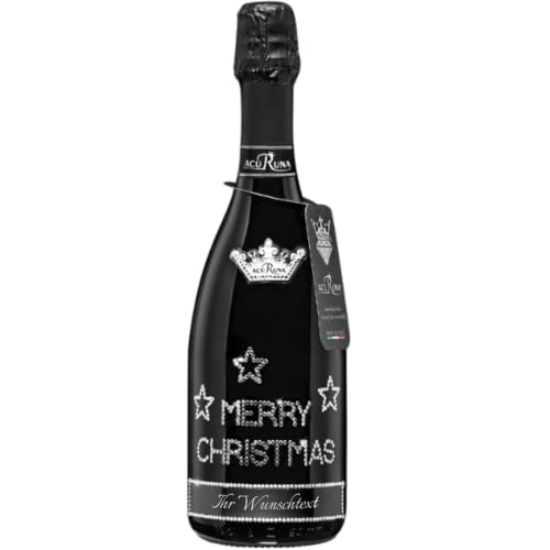 personalisierte Prosecco Flasche 0,75 l verziert mit Strass Steine - das perfekte Weihnachten Motiv: MERRY CHRISTMAS Sterne von ACURUNA