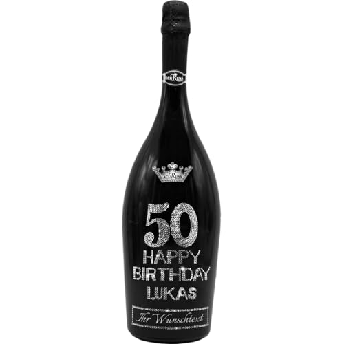personalisierte Prosecco Flasche 1,5 l verziert mit Strass Steine - das perfekte Geburtstagsgeschenk Motiv: Lukas 50 von ACURUNA
