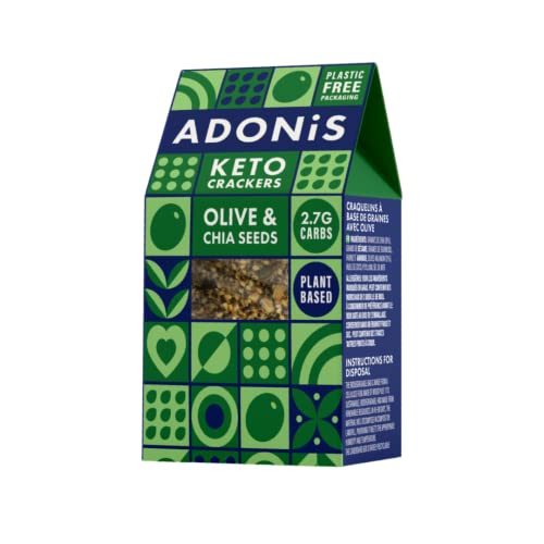 Adonis Keto Olive & Chia Seeds Crackers (10 x 60 g Packung) | Vegan & Keto-freundlich | 100 % natürlich | Glutenfrei, zuckerfrei, palmölfrei, milchfrei | Zuckerarm, kalorienarm und kohlenhydratarm von Adonis