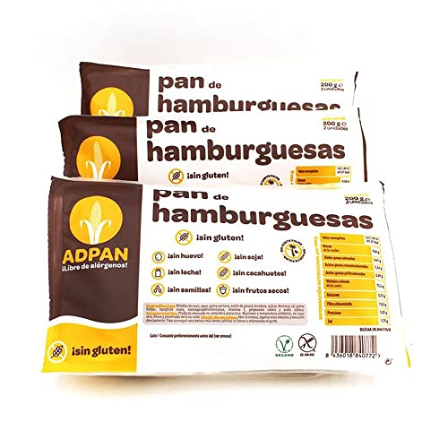 ADPAN Glutenfreies und allergenfreies Hamburgerbrötchen. Zart geröstetes laktosefreies Brötchen. Veganes Burgerbrötchen ohne Samen. Packung mit 3 Stück. ADPAN Glutenfreies und allergenfreies Hamburgerbrötchen. Zart geröstetes laktosefreies Brötchen. Veganes Burgerbrötchen ohne Samen. Packung mit 3 Stück. von ADPAN