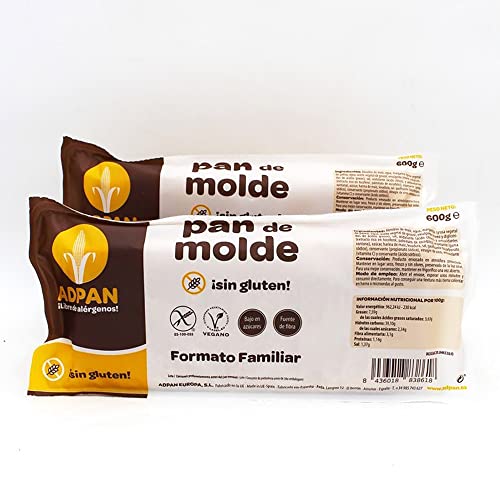 ADPAN Glutenfreies und laktosefreies Toastbrot. Veganes Sandwichbrot für Frühstück und Snacks. Weich geröstetes Brot ohne Allergene. 1.200 g. 2 Stück von ADPAN