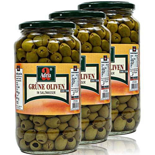 ADRIA - 3er Pack Grüne Oliven entsteint in Salzlake eingelegt im 900 g Glas (ohne Stein) von ADRIA