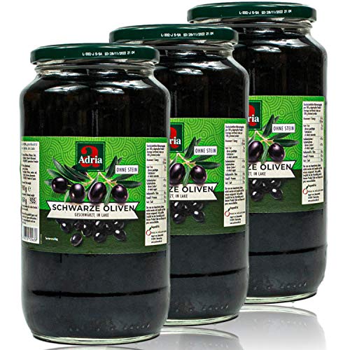 ADRIA - 3er Pack Schwarze Oliven entsteint in Salzlake eingelegt 900 g Glas (ohne Stein und geschwärzt) von ADRIA