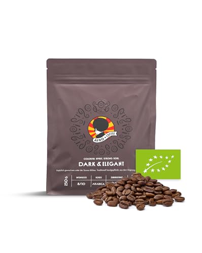 AFRO COFFEE Dark & Elegant I 250g Premium Bio Kaffeebohnen Fairtrade I 100% Arabica Kaffee Bohnen I Bohnenkaffee aus Äthiopien mit Noten von Bitterschokolade I handgepflückt, dunkel geröstet, säurearm von Afro Coffee