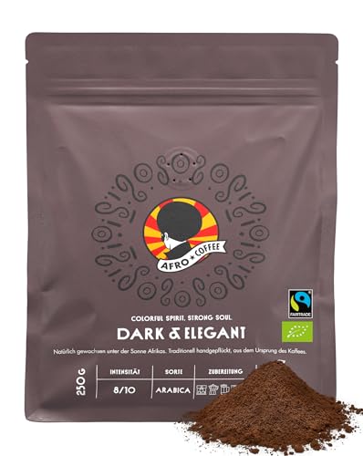 AFRO COFFEE Dark & Elegant I 250g Premium Bio Kaffeepulver Fairtrade I 100% Arabica Kaffee gemahlen I Kaffee aus Äthiopien mit Noten von Bitterschokolade I handgepflückt, dunkel geröstet, säurearm von Afro Coffee